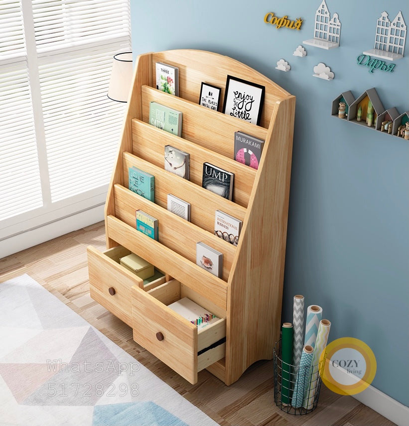 Solid wood bookshelf with drawers 