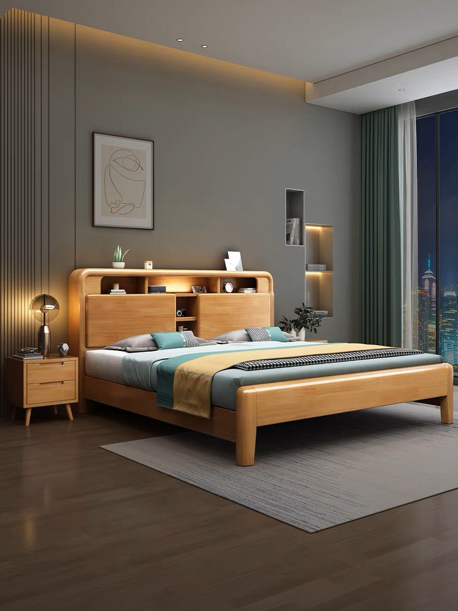 YF-A001 solid wood bed with USB socket/bedside lamp 