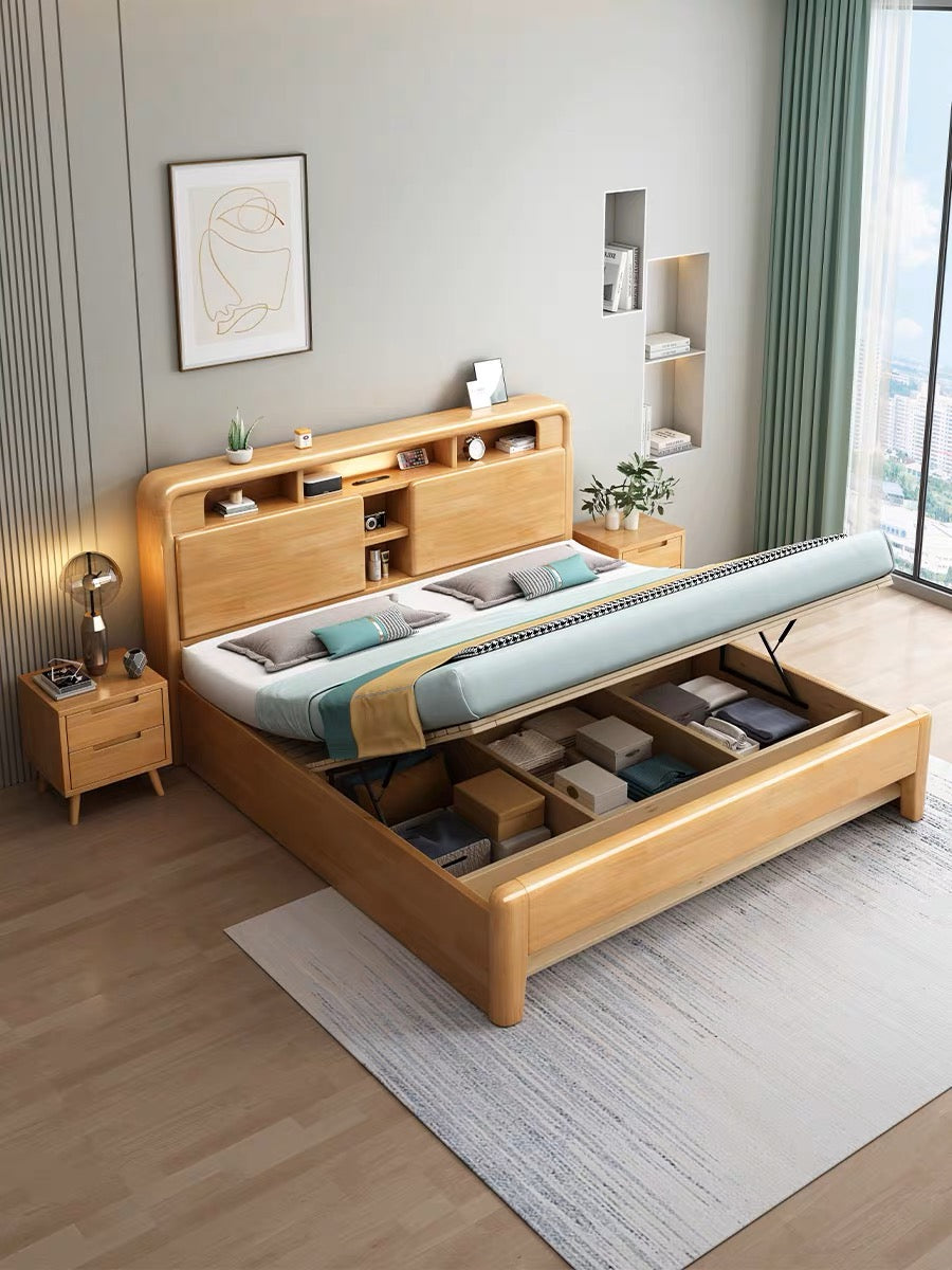 YF-A001 solid wood bed with USB socket/bedside lamp 