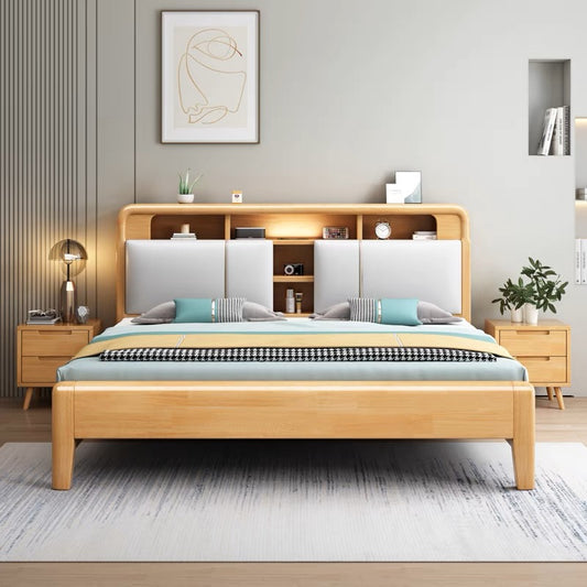 YF-A002 solid wood bed with USB socket/bedside lamp 